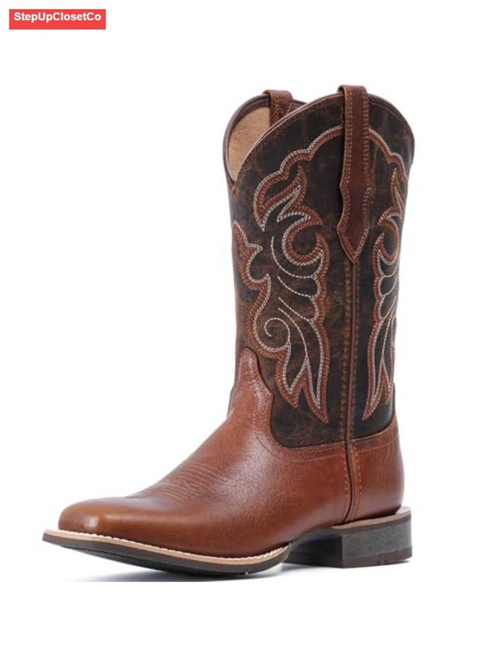 Full-Grain Leather Western Boots Square Toe Mid-Calf Pull-On